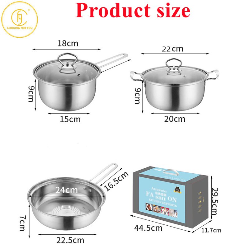 2/3Pcs Stainless Steel Pot Frying Pans Set Pressure Cooker Braised Cooking Milk Soup Pot Steamer Stew Pan Kitchen Cookware