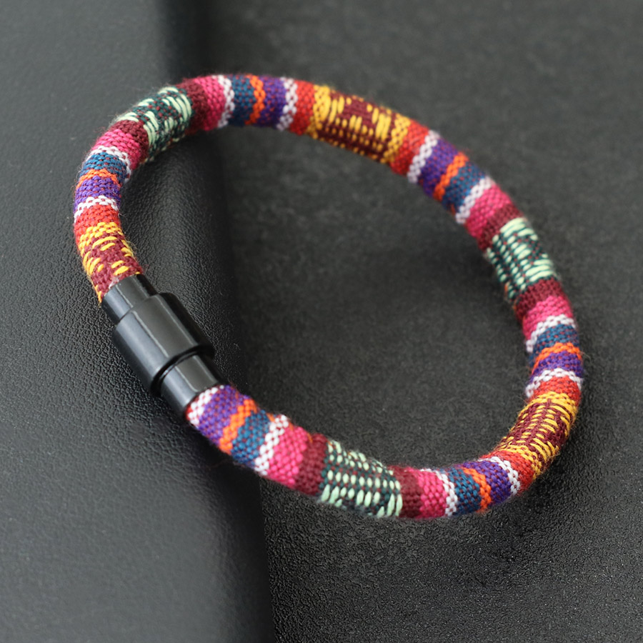 Pulsera de para hombre, brazalete de tela bohemia, hebilla magnética negra, pulsera de cuerda, accesorios de ocio para él, brazalete Herren Joias: Pistola negra plateada
