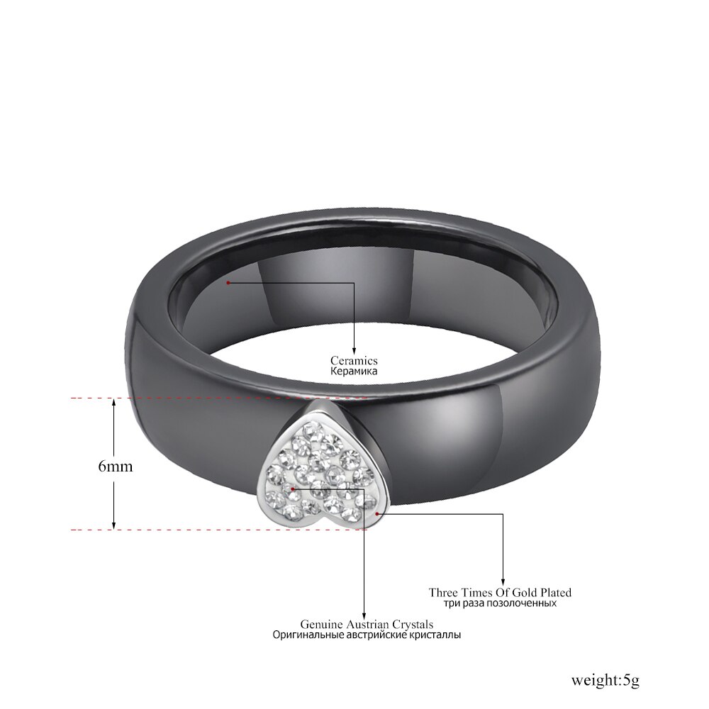 AENINE Trendy Black Ceramic Heart Crystal Wedding Rings Jewelry For Women Stainless Steel Rhinestone Bohemia Party Ring AR19114