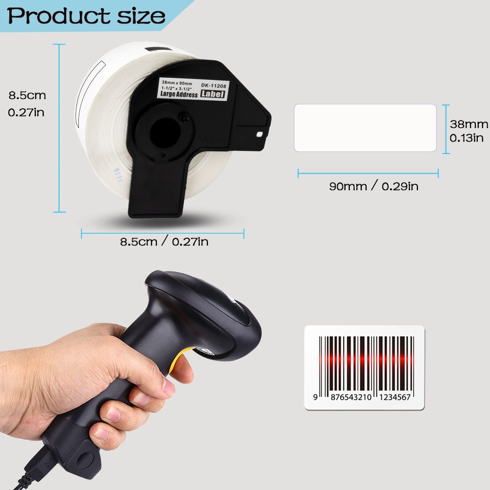 Absonic DK-11208 DK Series Thermal Paper 38mm*90mm Compatible for Brother QL Label Printer White Paper DK 11208 QL-500 QL-550