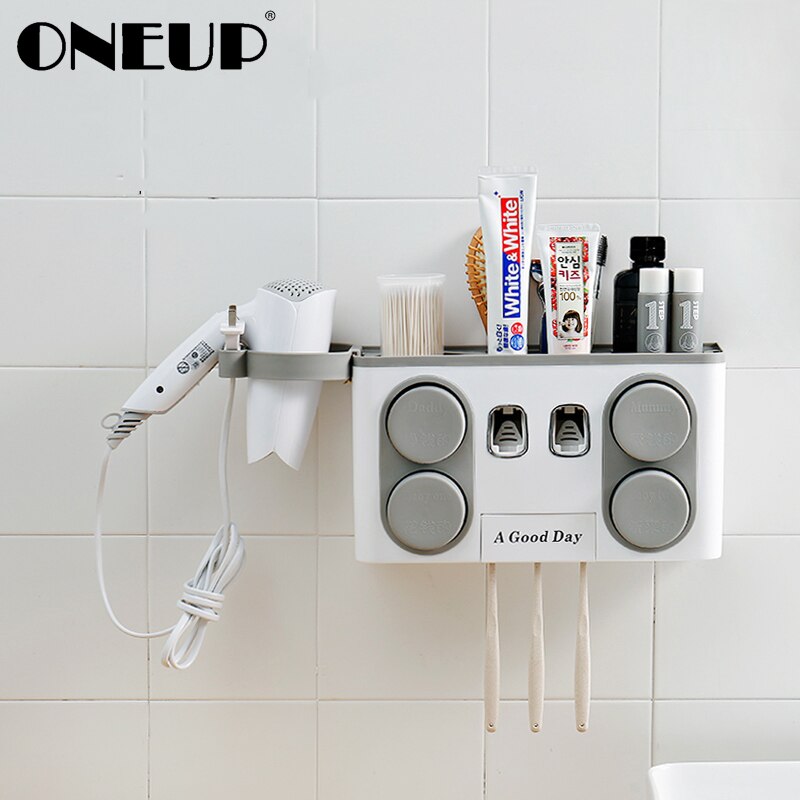 ONEUP Multifunctionele Badkamer Accessoires Automatische Tandpasta Dispenser Met Zuignap Tandenborstelhouder Wall Mount Plank
