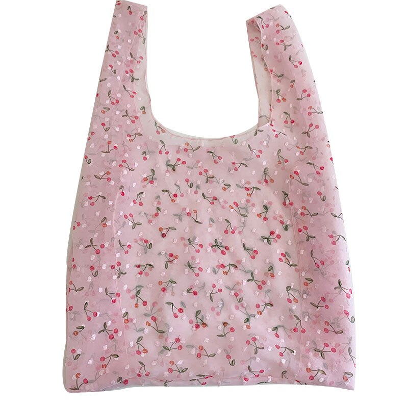 Female Flower Strawberry Cherry Embroidery Hand Bag Organza Casual Tote Mesh Shopping Bags Woman Handbags Transparent Women Bag