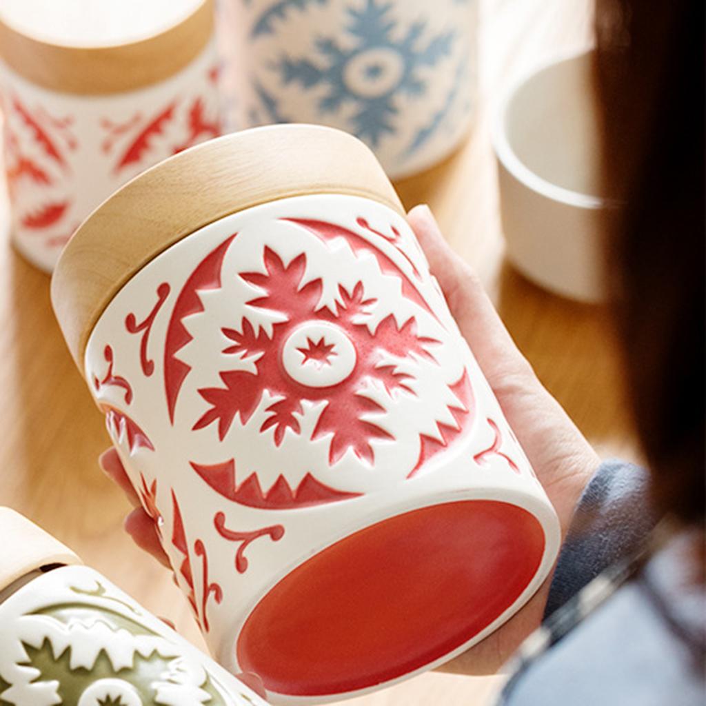Boho Style Ceramic Canister with Wooden Lid Stackable Food Storage Container for Farmhouse Kitchen Home Pantry Organization: Red L