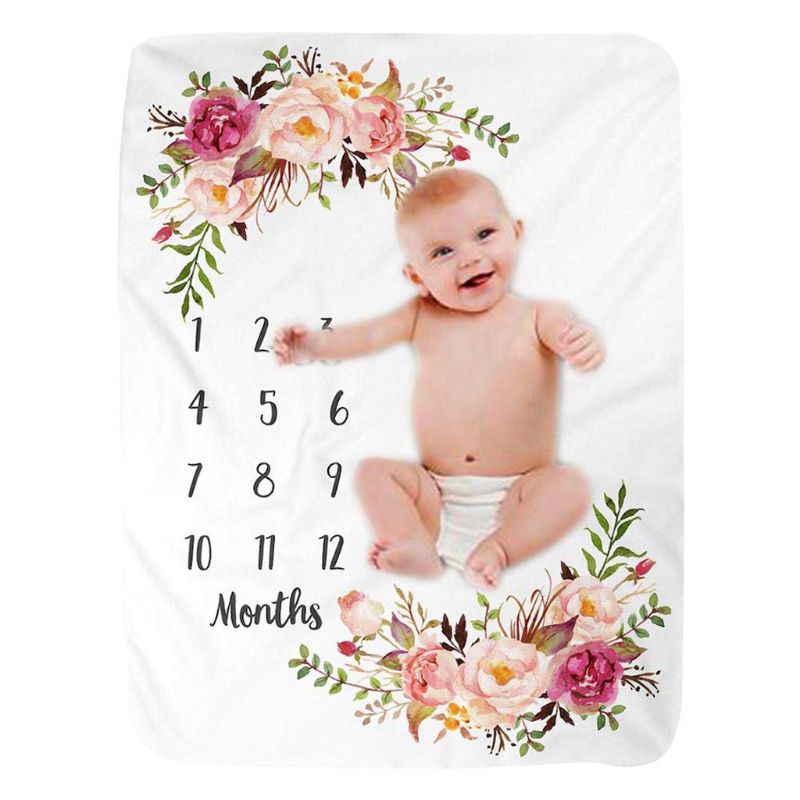 Baby Milestone Blanket Flannel Newborn Photo Prop Backdrop with Monthly Growth Chart for Girl and Boy