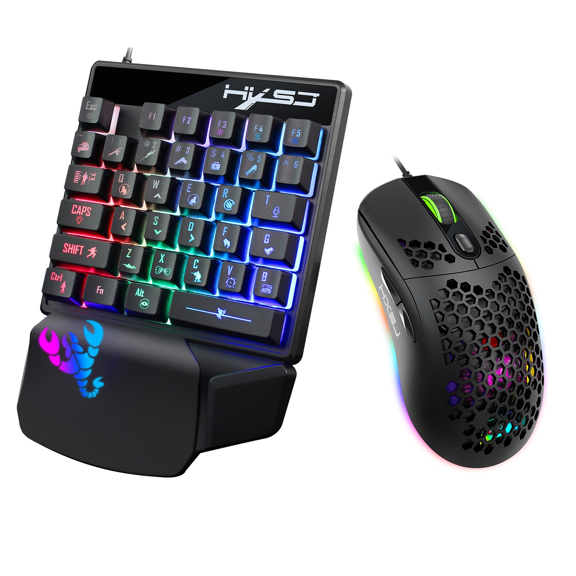 Game Console Keyboard and Mouse Converter set, Mobile phone game one-handed keyboard wired game mouse RGB glow