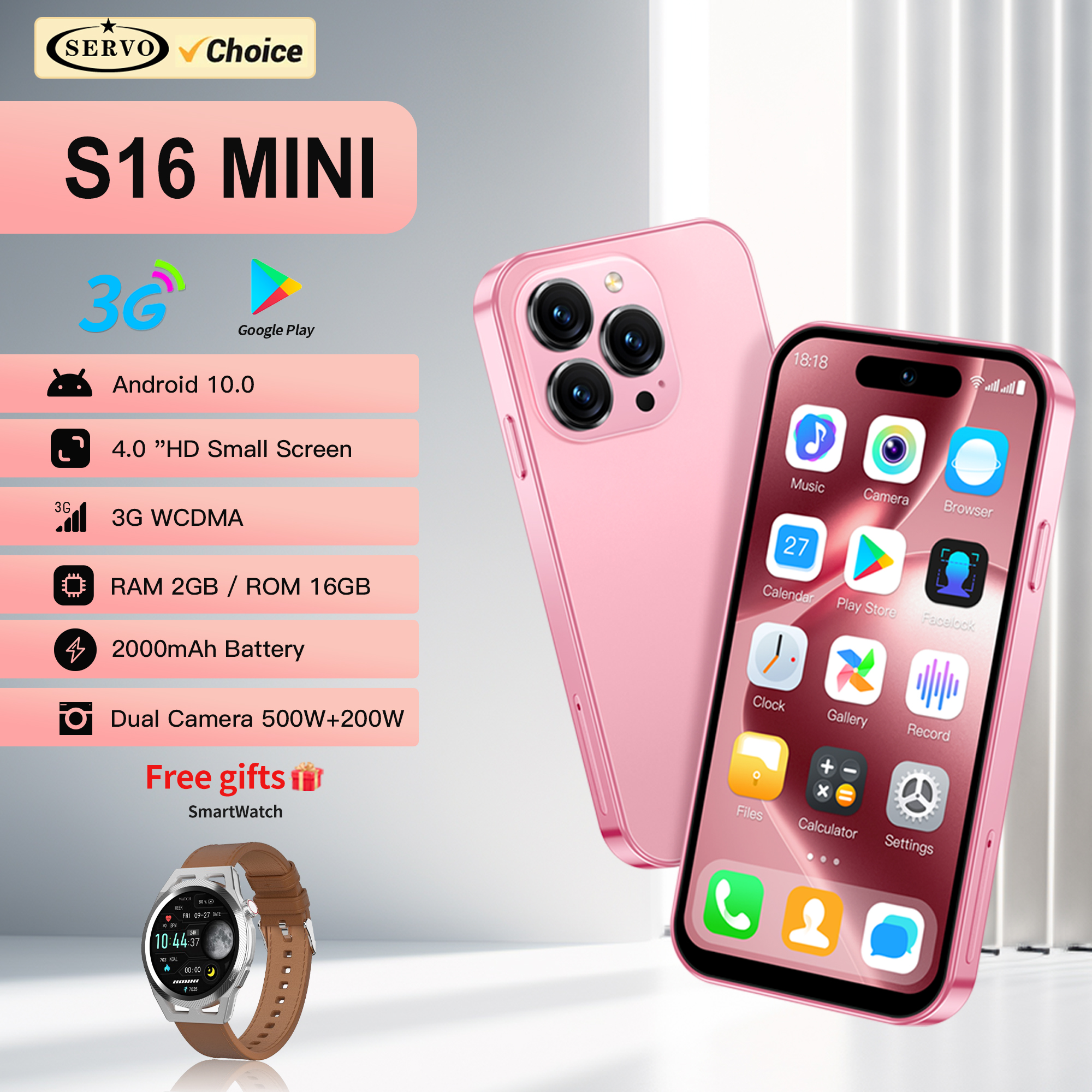 SmartWatch SERVO S16 Mini Smartphone 3G WCDMA Android 10-System Dual SIM bereithalten WIFI Bluetooth 4.0" HD Kleine Mobiltelefone
