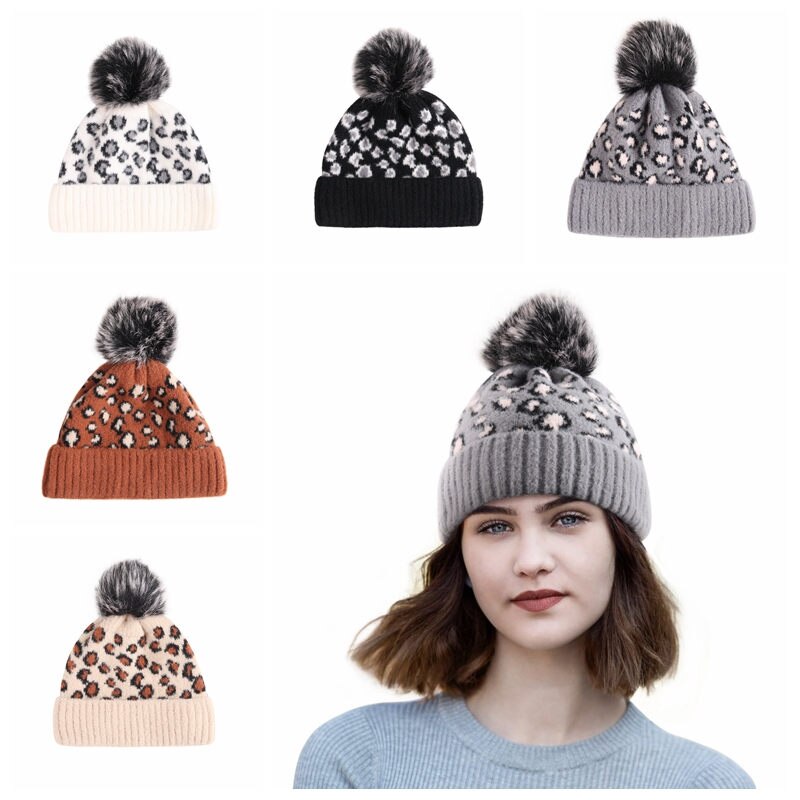 Women’s Winter Knit Hat Cap Adults Winter Warm Classic Leopard Print Beanie Cap with Big Faux Fur Pom Ladies Knitted Bomber Hats