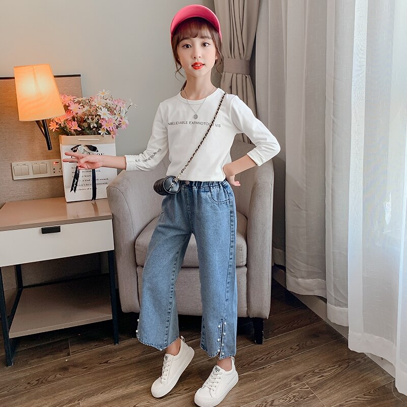 Süße freundlicher Jeans Mädchen Hosen Asymmetrie Perle schlitz breite bein Jeans freundlicher Kleidung Für 3 4 5 6 7 8 9 10 11 12 13 jahre Mädchen Jeans