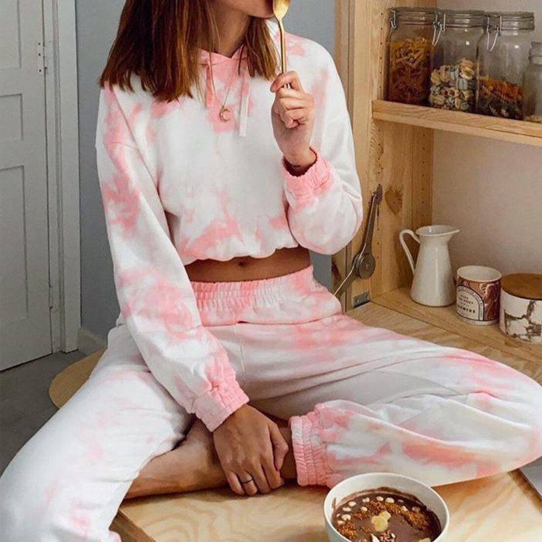 Vrouwen Print Trainingspak Tweedelige Set Hooded Lange Mouwen Tops Losse Elastische Taille Lange Broek Vrouwelijke Running Past Sportwear