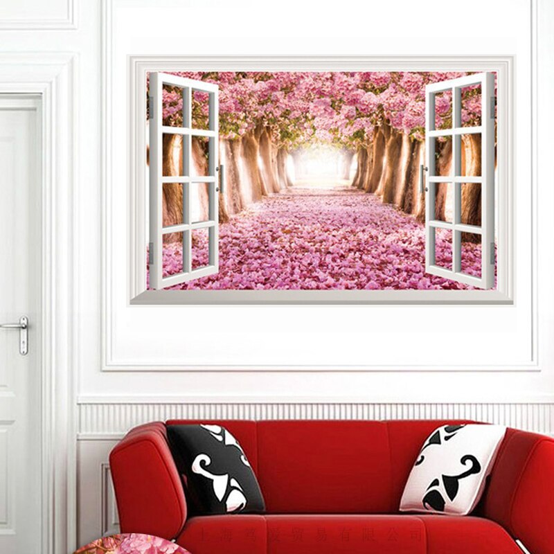 Valse venster landschap romantiek sakura muursticker PVC Materiaal 3D muur poster voor woonkamer slaapkamer wanddecoratie muurschilderingen
