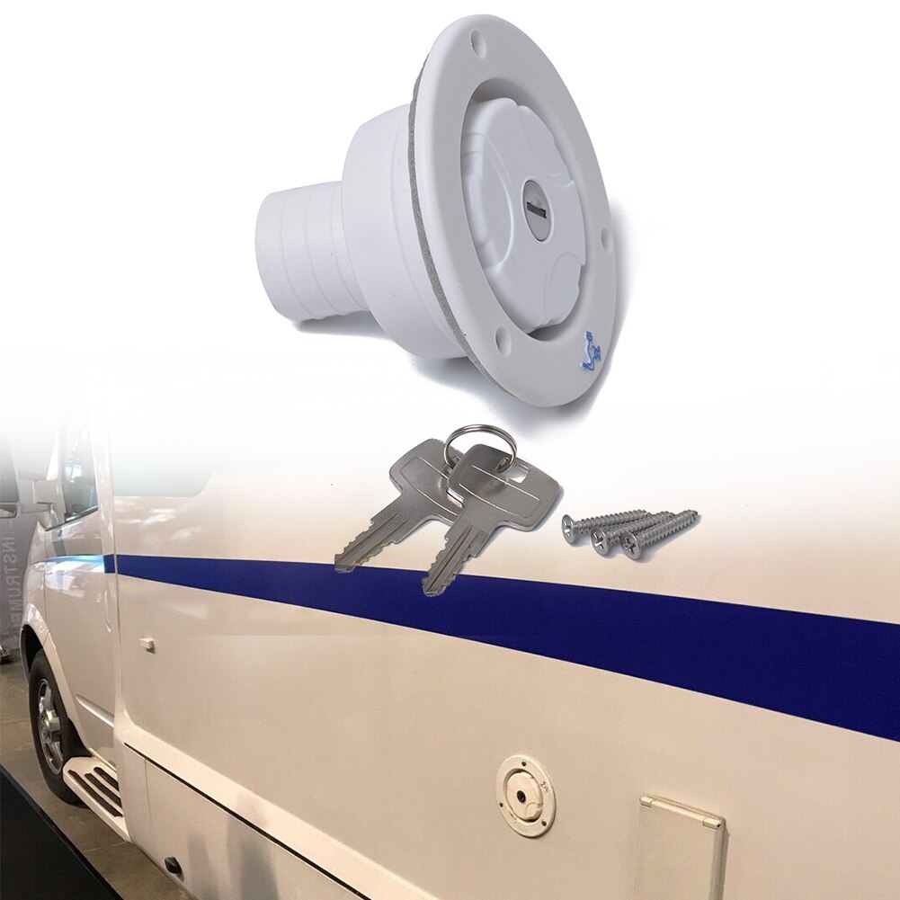 Witte afsluitbare zwaartekracht waterinlaat vulklep luik slot met 2 sleutels universeel voor camper camper aanhanger auto's buitendiameter 110 mm
