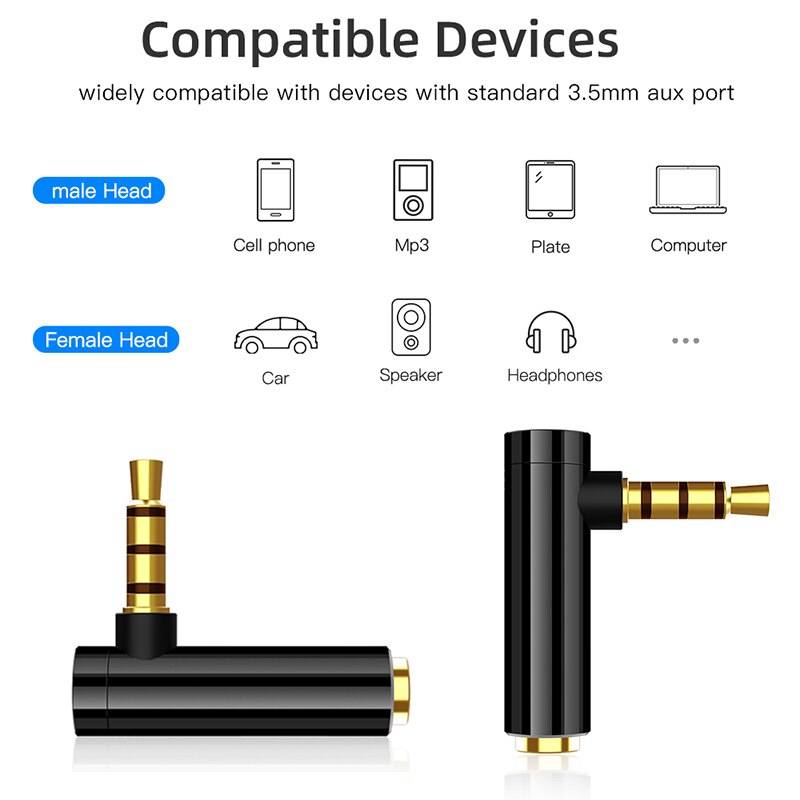 Robotsky 1PC 3.5mm Male To Female Adapter 90 Degree Right Angle Adapter Four Section L-shaped Elbow Connection Headphone Cable
