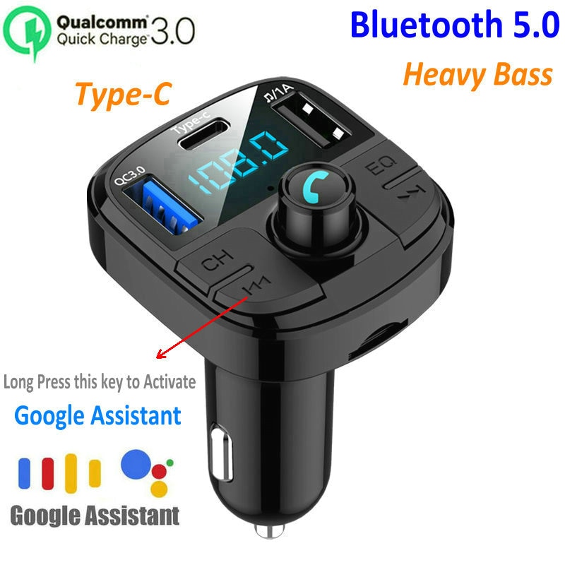 Tikigogo QC3.0 Quick Charge Type-C 3 USB Autolader Handsfree Bluetooth Car Kit Google Assistent Fm-zender Auto MP3 Speler