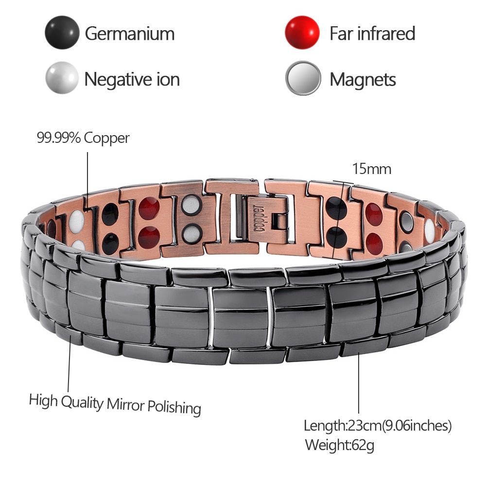 FINE4U B378 Mens Pure Copper Bracelet Double Row 4 Element Black Magnetic Health Bracelet Power Wristband