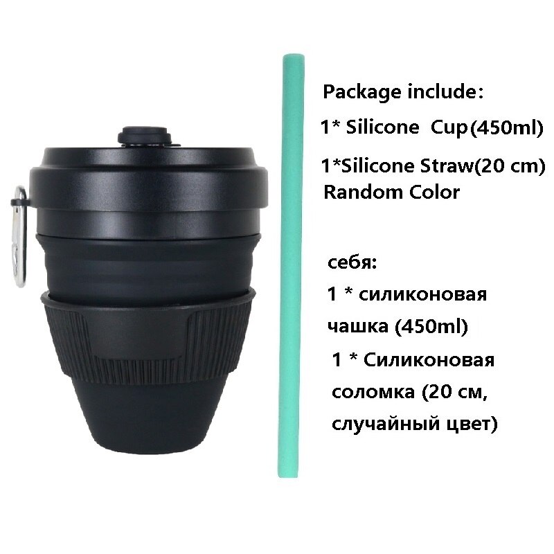 450Ml Opvouwbare Siliconen Cup Mokken Inklapbare Silica Koffie Cup Met Stro Deksels Draagbare Siliconen Telescopische Drinken Reizen Zwart: AllBlack