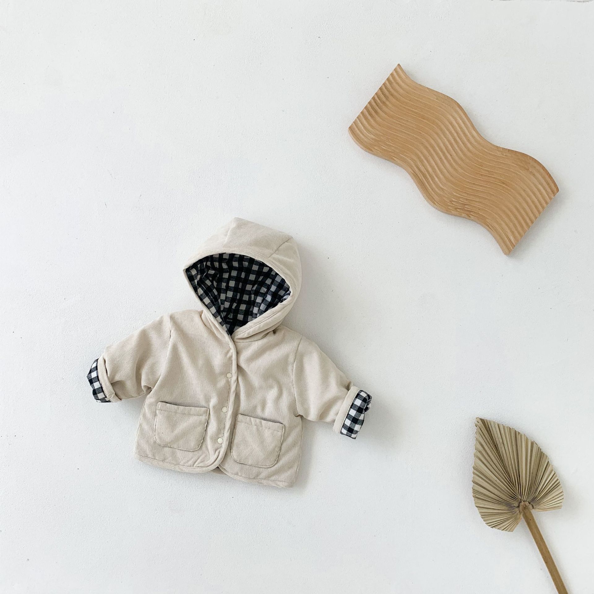 Hiver bébé garçons et filles manteau Plaid épaissi coton velours côtelé manteau enfants Double face décontracté à capuche veste 6M-3T: beige / 12M