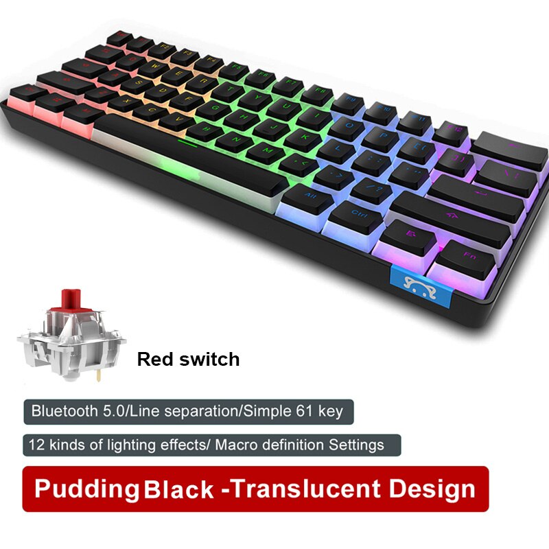 Ajazz STK61 Mechanical Keyboard Wireless Bluetooth 61 Keys Dual Mode Mix Backlit Mini Portable Gaming Keyboard for PC Desktop: Pudding Black Red