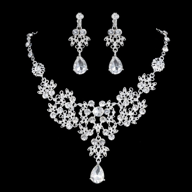 Ensembles de bijoux de mariée en cristal noble, ensemble de bijoux de mariage plaqué argent, collier diadème, boucles d'oreilles pour mariées, accessoires pour cheveux