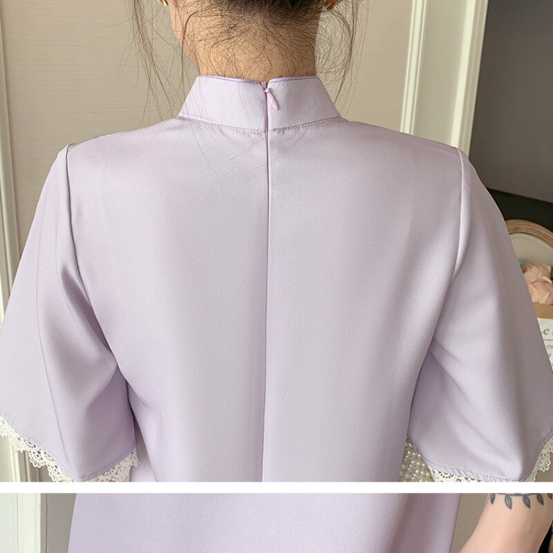 Plus Size M-4XL Year Purple Loose Modern Cheongsam Dress Women Short Sleeve Qipao Traditional Chinese Clothes