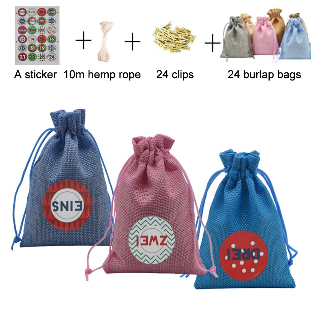 24 Stuks Kerst Adventskalender Zakjes - Linnen Snoep Vulling Zakjes - Kerst Jaar Ornamenten