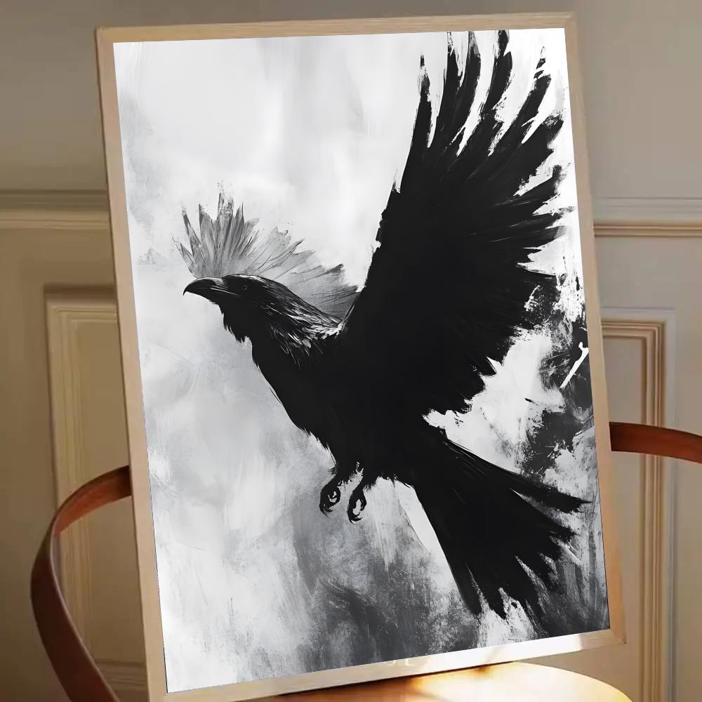 Zelfklevende poster met schilderij en prints voor slaapkamer en woonkamer, minimalistische zwart-wit berglandschap met bomen en kraaien.: Groot / Zwart