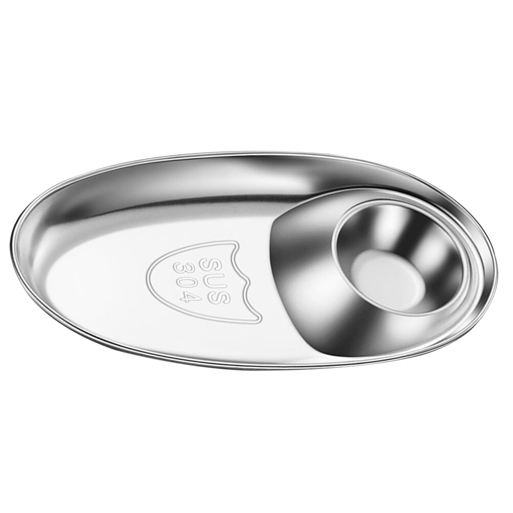 Double Compartments Dish Stainless Steel Spice Dipping Fried Chicken Plate: Silver