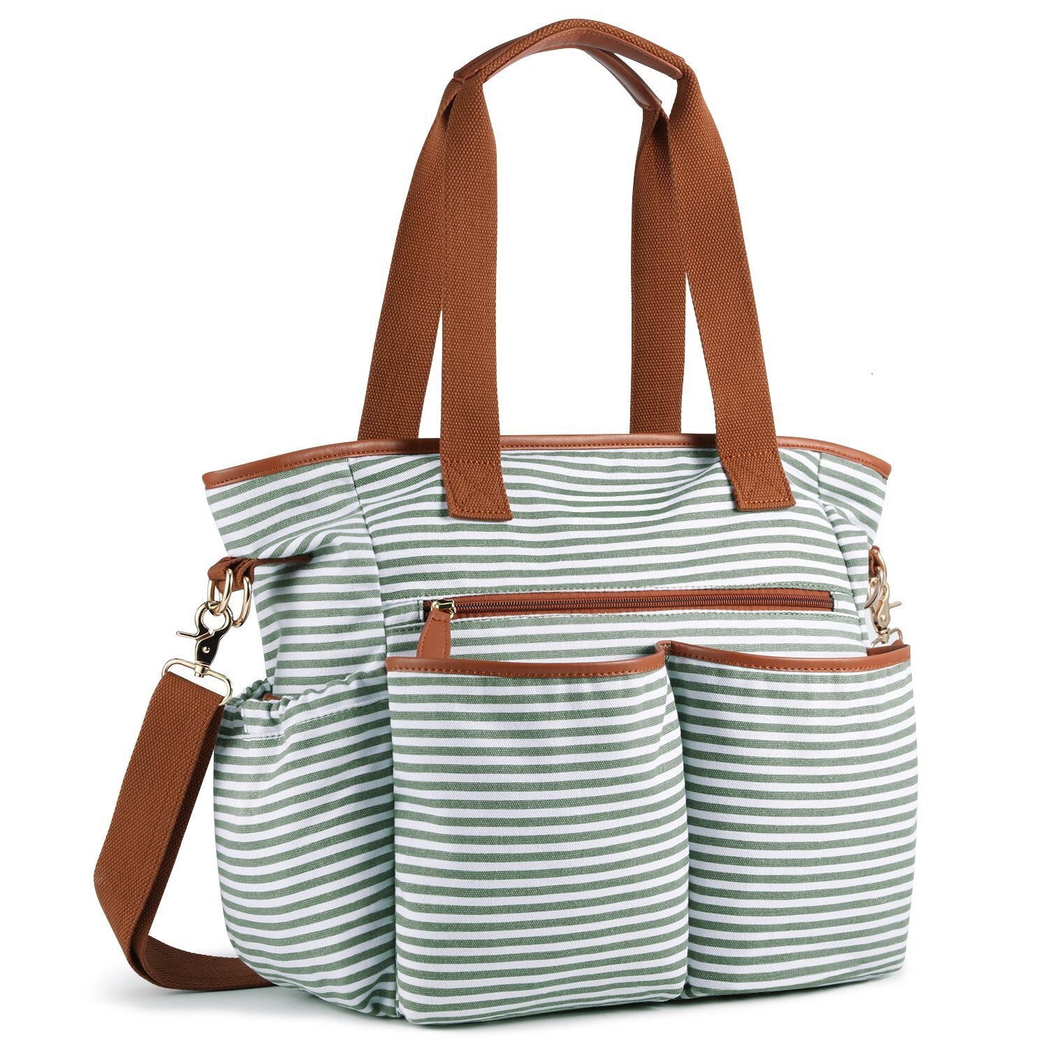 Bolsa de pañales de rayas de , bolso de lona de gran capacidad para madre, bolsa de pañales multifuncional cruzada para mamá: Light Green