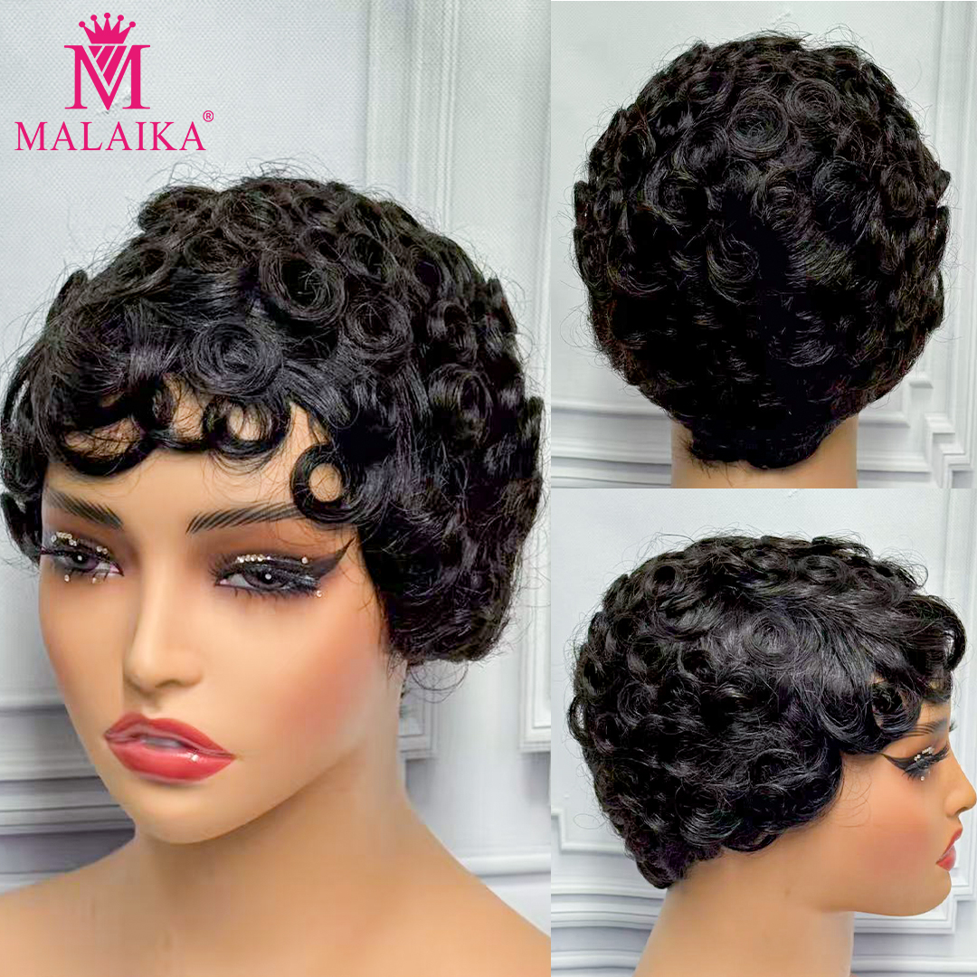 Malaika 4 # 27 # Pixie Cut Bob corto onda suelta cabello humano Chioma pelucas hechas a máquina pelucas rizadas onduladas Bob cabello Remy para mujeres: # 39J