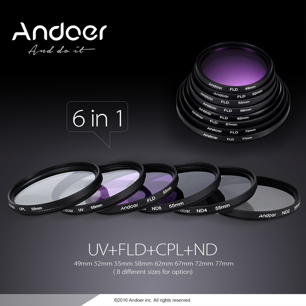 Andoer 52mm Objektiv-filter Kit UV + CPL + FLD + ND (ND2 ND4 ND8) mit Tragen beutel/Objektivdeckel/Kappe Halter/Tulip & Gummi Lichtblenden/Tuch