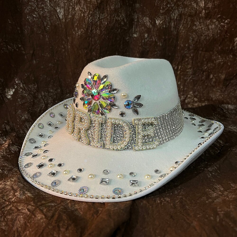 Rhinestone Women Men Wool Bride Cowboy Hat Wide Br... – Grandado