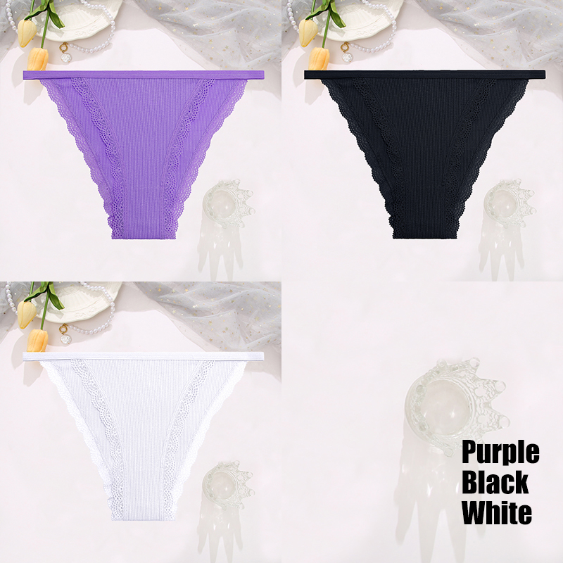Finetoo 3 stks/set Sexy Kant Katoenen Slips Vrouwen Solid Comfortabele Slipje Vrouwelijke Zacht Ondergoed Ademend Intimates Lingerie: S / Sky Blue