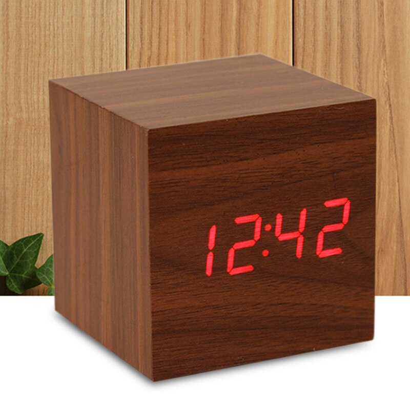 Square Desktop Table Digital Thermometer Clock Cube LED Wood Alarm Clock Sound Control