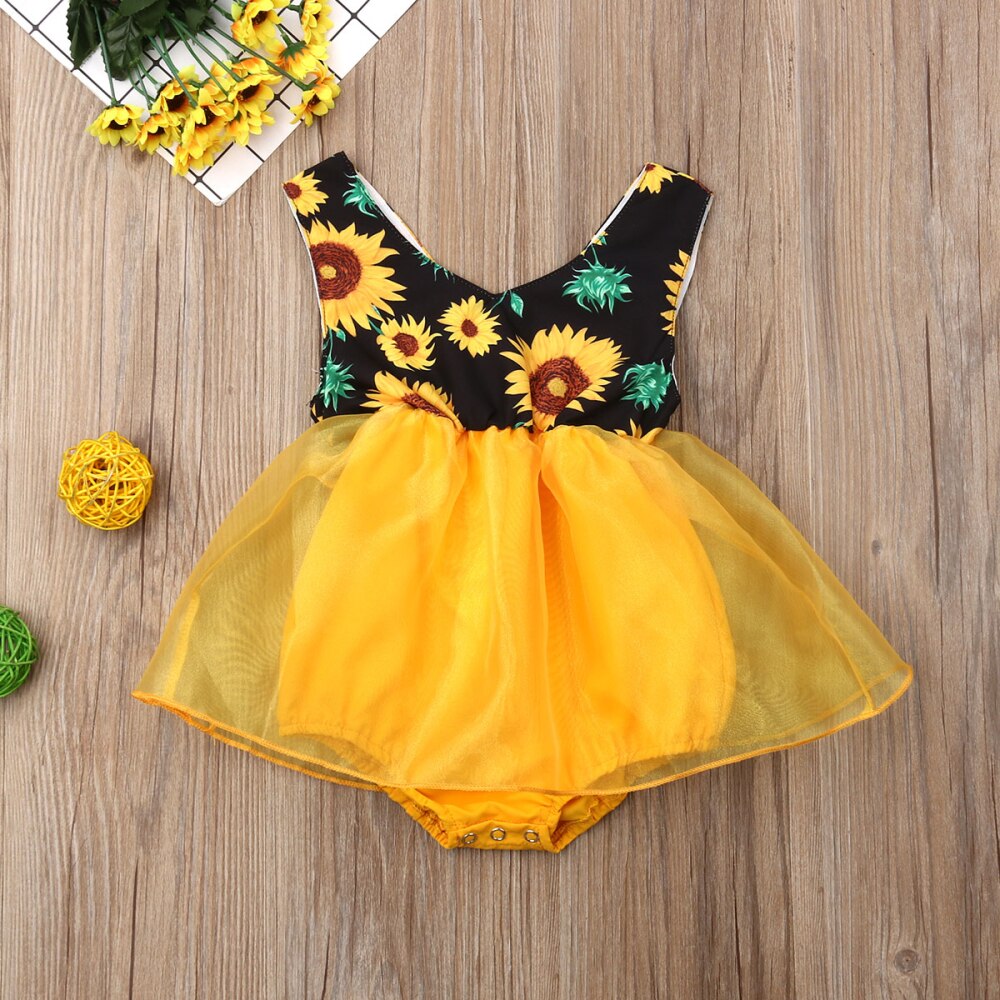 Baby zomerkleding baby kinderen baby meisjes zonnebloem bodysuits jurk mouwloos chiffon kant jumpsuit zonnepak jurk 0-18m