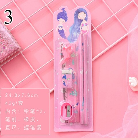 Conjunto de lápices lindos Kawaii con goma de borrar soporte de pluma con sacapuntas para la escuela de los niños 6 piezas de papelería Set de: 3