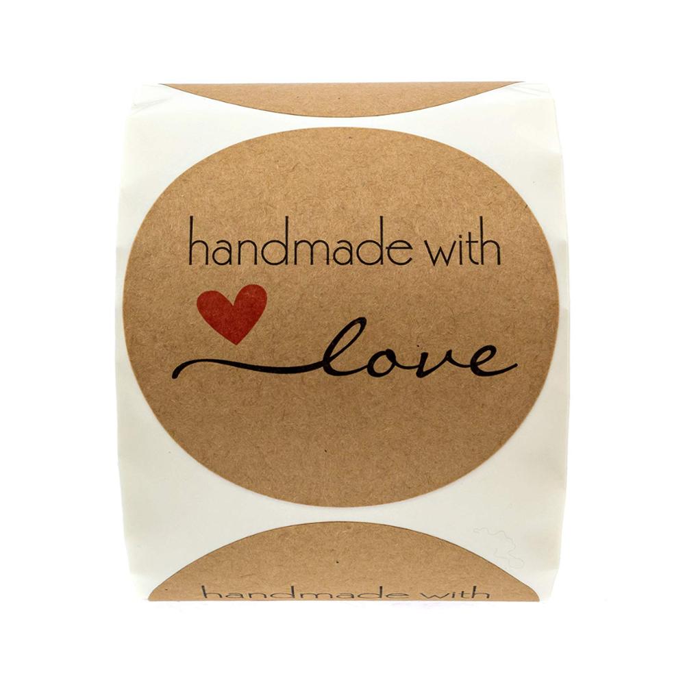 Round Natural Kraft Handmade with Love Stickers 500 Labels Per Roll Baking Cute Handmade Stationery Sticker Seal Sticker 1Inch