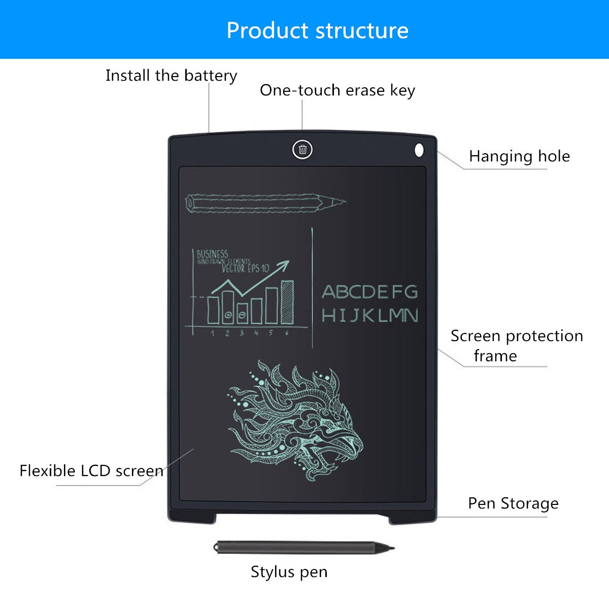 12" Electronic Digital Tablet LCD Handwriting Pad Tablet Drawing Graphics Painting Board Portable Notepad with Pen Black