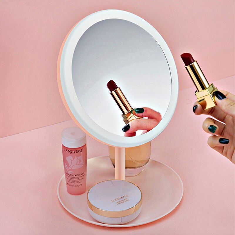 Oplyst ledet makeup spejl med lys 3 lys farve skiftelig genopladelig dæmpning opbevaring led forfængelighed spejl makeup lampe