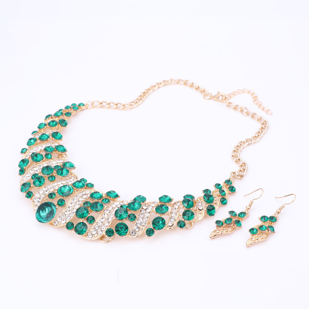 Mode Vrouwen Bruiloft Kettingen Sets Vintage Kraag Rhinestone Crystal Choker Kettingen Etnische Maxi Sieraden Sets: Green