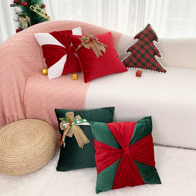 Christmas Decoration Throw Pillowcase Flannelette Bow Sofa Pillow Cover Living Room Decoration Cushion Cover 45X45