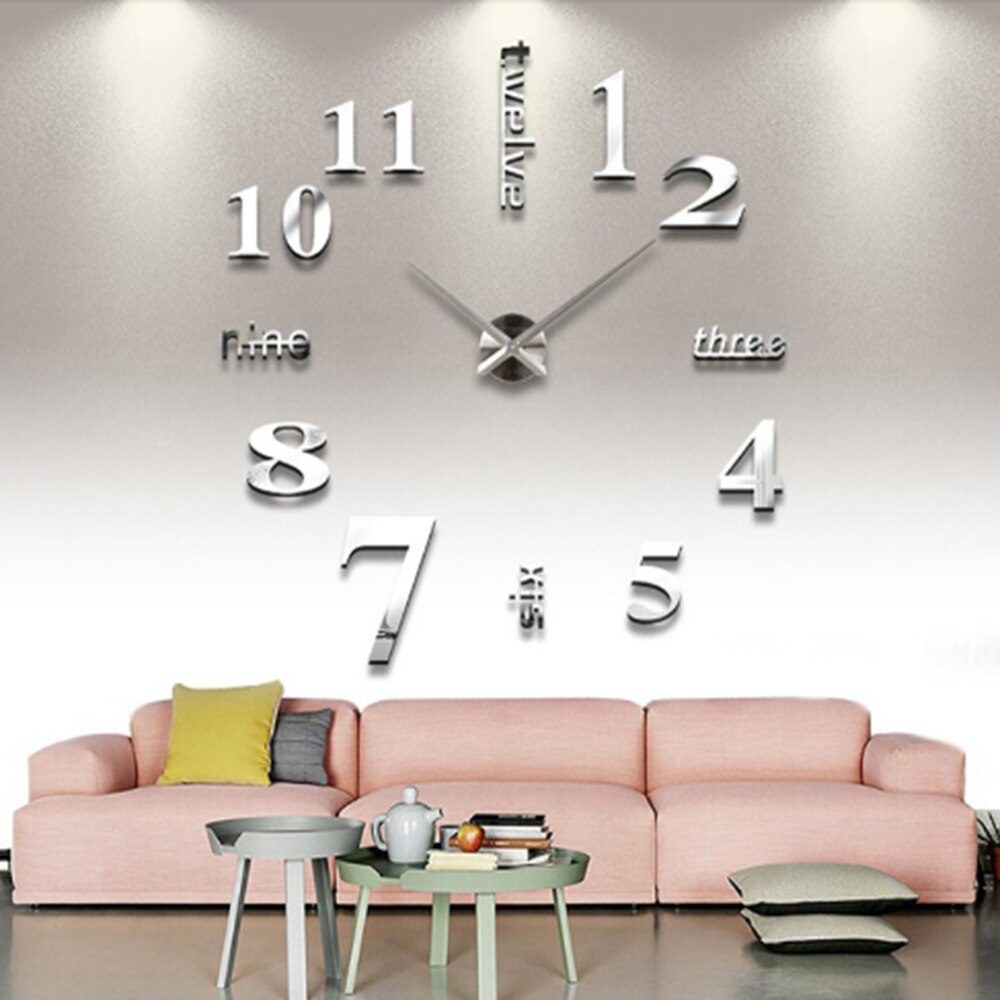 Super Nice and Luxury Clock Stickers DIY Wall Clock 3D Mirror Surface Sticker Suitable for Home Office Room Decorations: Silver