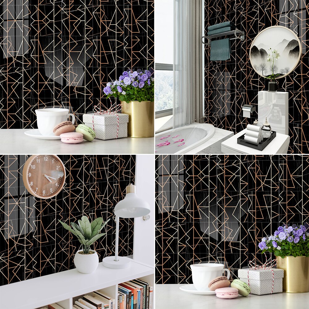 Artistic gold line black tile stickers Stair wall adhesive-free self-adhesive wallpaper Bathroom moisture-proof stickers