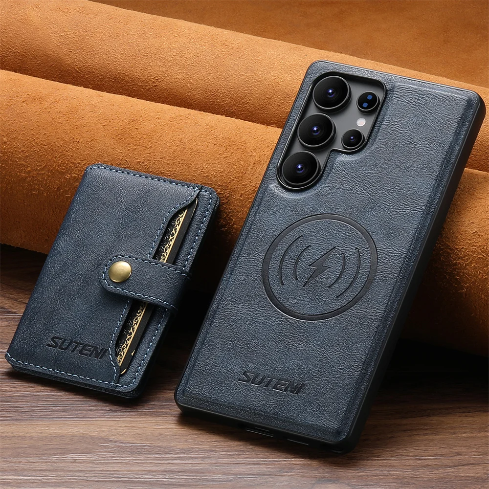 Magsafe afneembare magnetische portemonnee met kaarthouder telefoonhoesje voor galaxy  s25 s24 s23 s22 ultra, beschermhoes van pu-leer