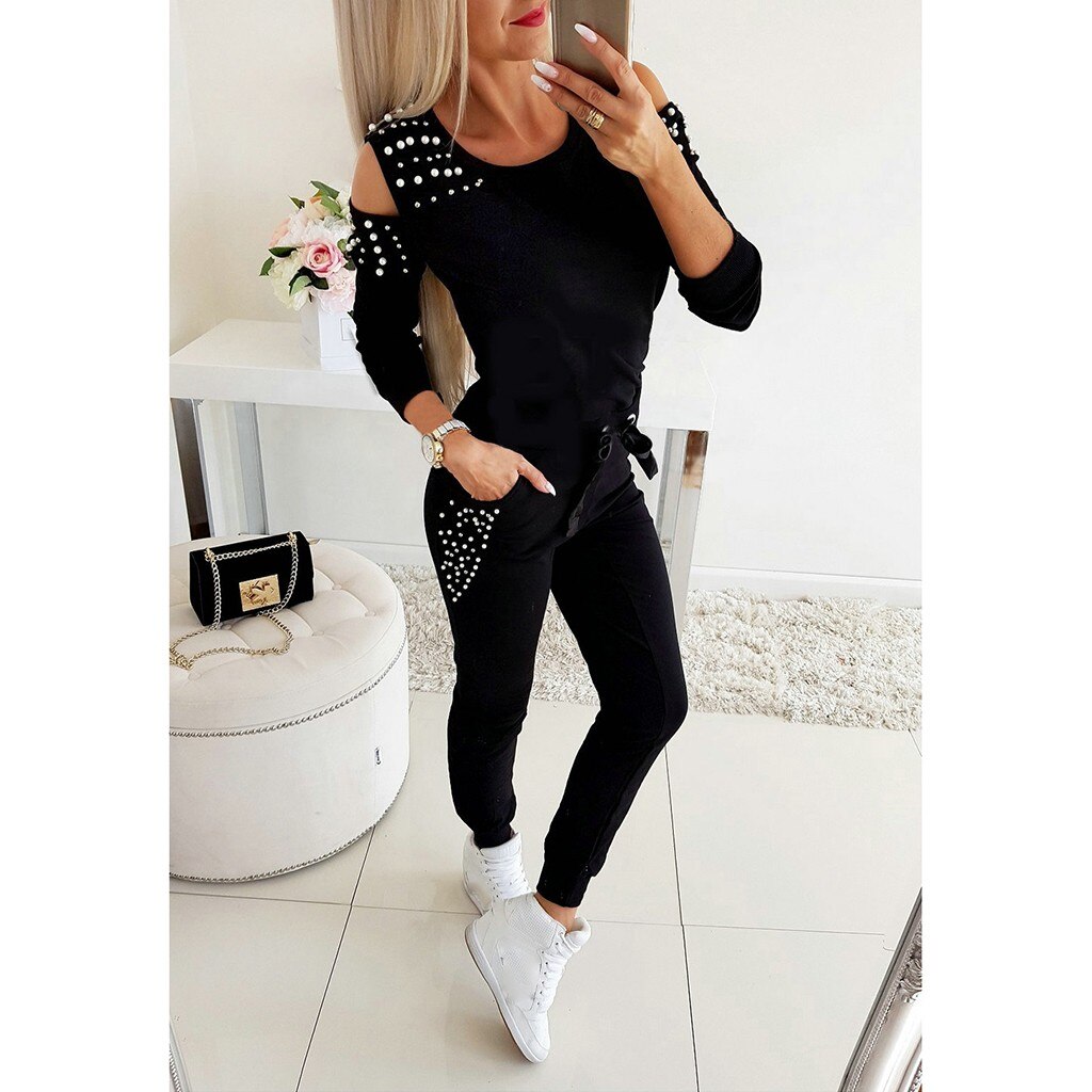 Two Pieces Women Set Autumn Solid Color Beading Jogging Running Sports Suits Casual Slim Fit Leisure Sport Suit #3