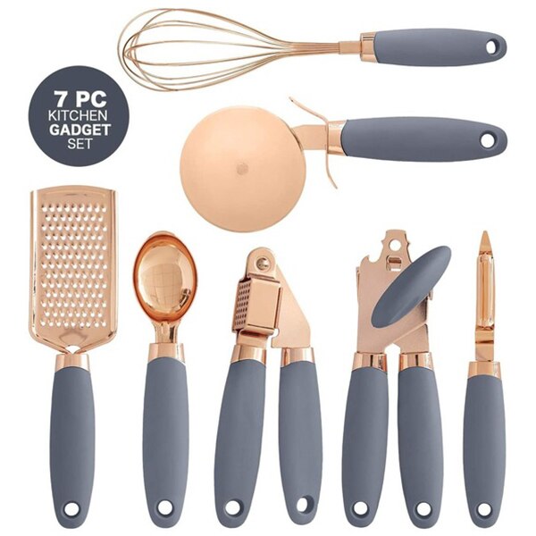 7-Piece Kitchen Gadgets Set Copper Coated Stainless Steel Utensils with Soft Touch Handles, Garlic Press Whisk Cheese Grater: Grey