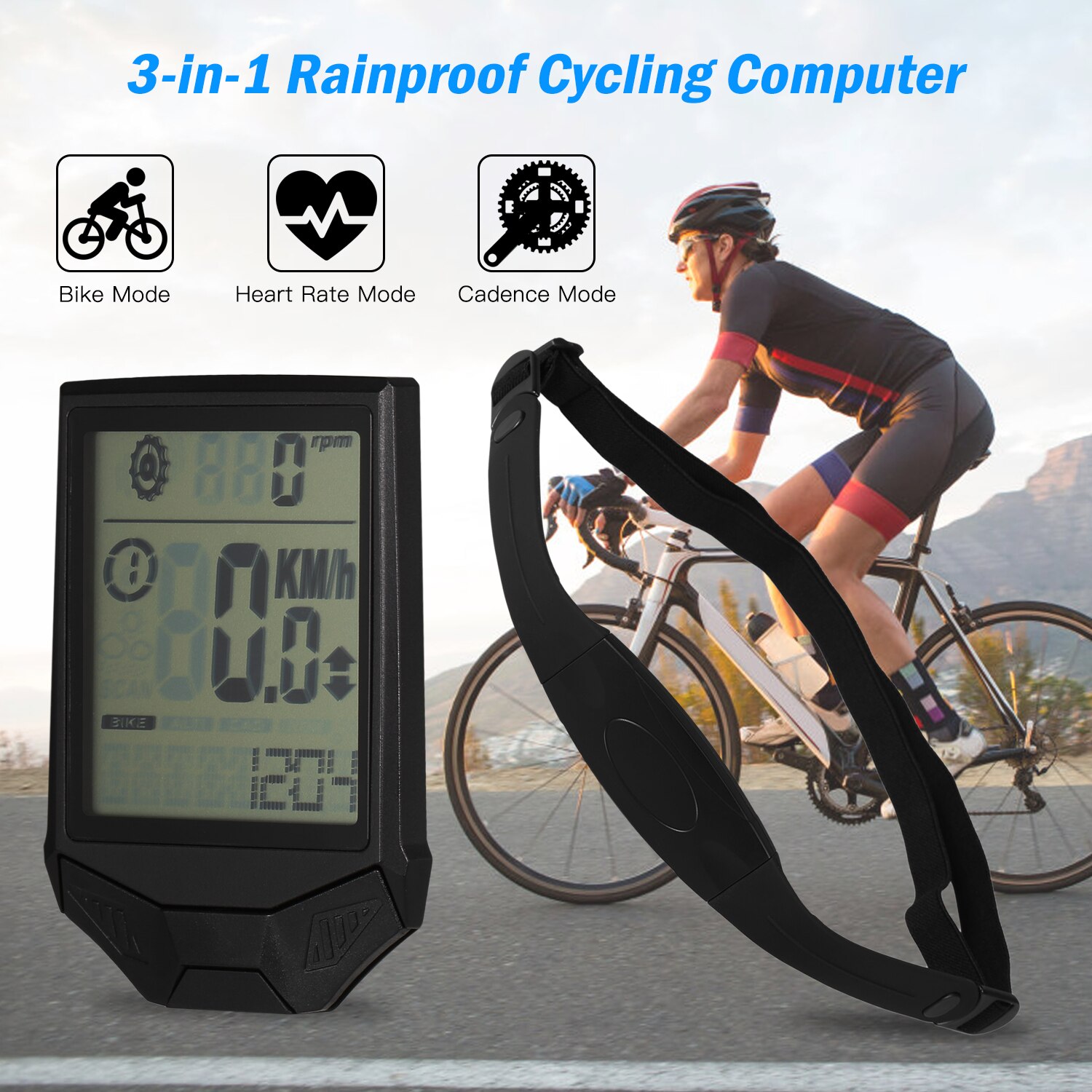Bike Computer Cycling Wireless Computer with Heart Rate Sensor Multifunctional Rainproof Cycling Computer with Backlight LCD