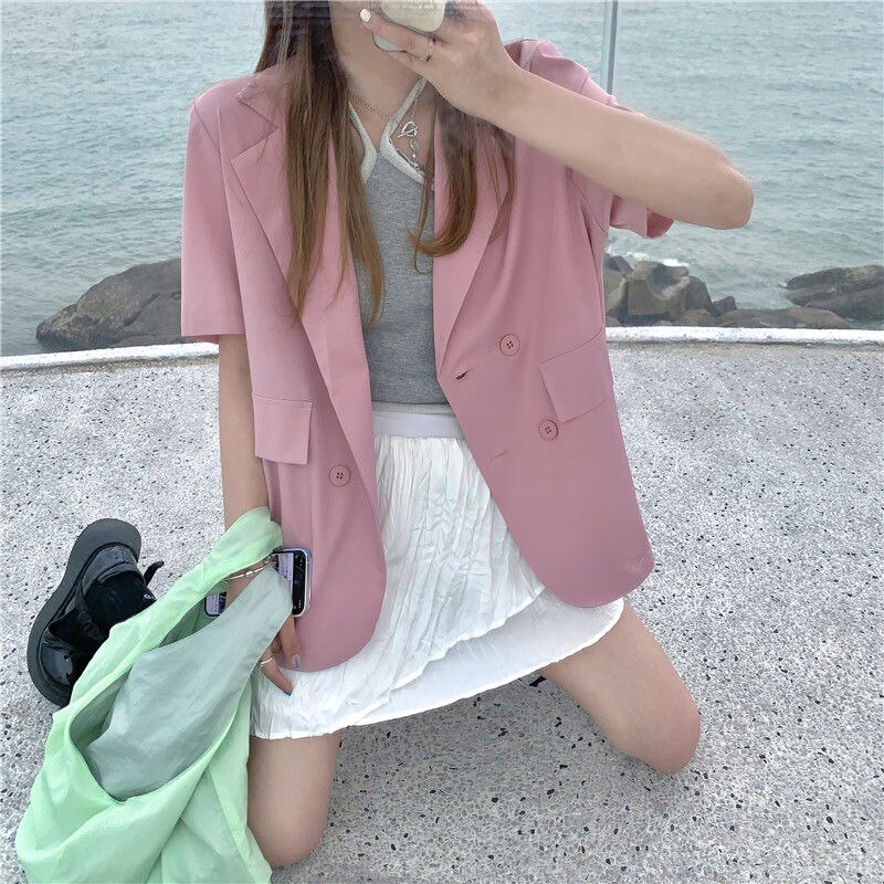 Blezery damskie jednolity, z nacięciem dwurzędowy modny workowaty koreańnarty styl wypoczynek lato z krótkim rękawem cały mecz elegancki prosty: różowy / XL