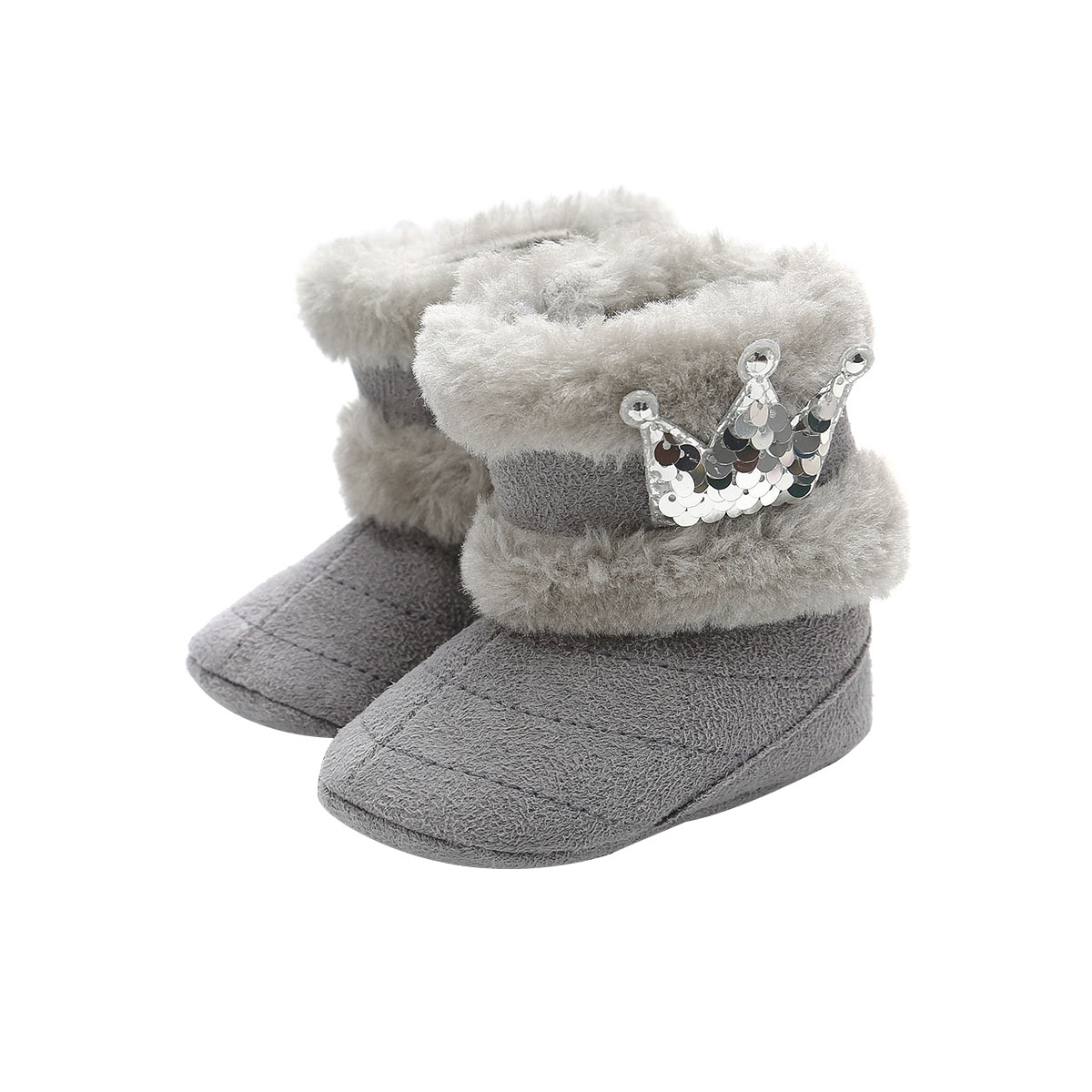 Baby Schoenen Peuter Baby Meisje Crown Schoenen Zachte Crib Zool Schoenen Pasgeboren Sequin Crown Fuzzy Winter Warme Laarzen: GRAY / 13-18 months