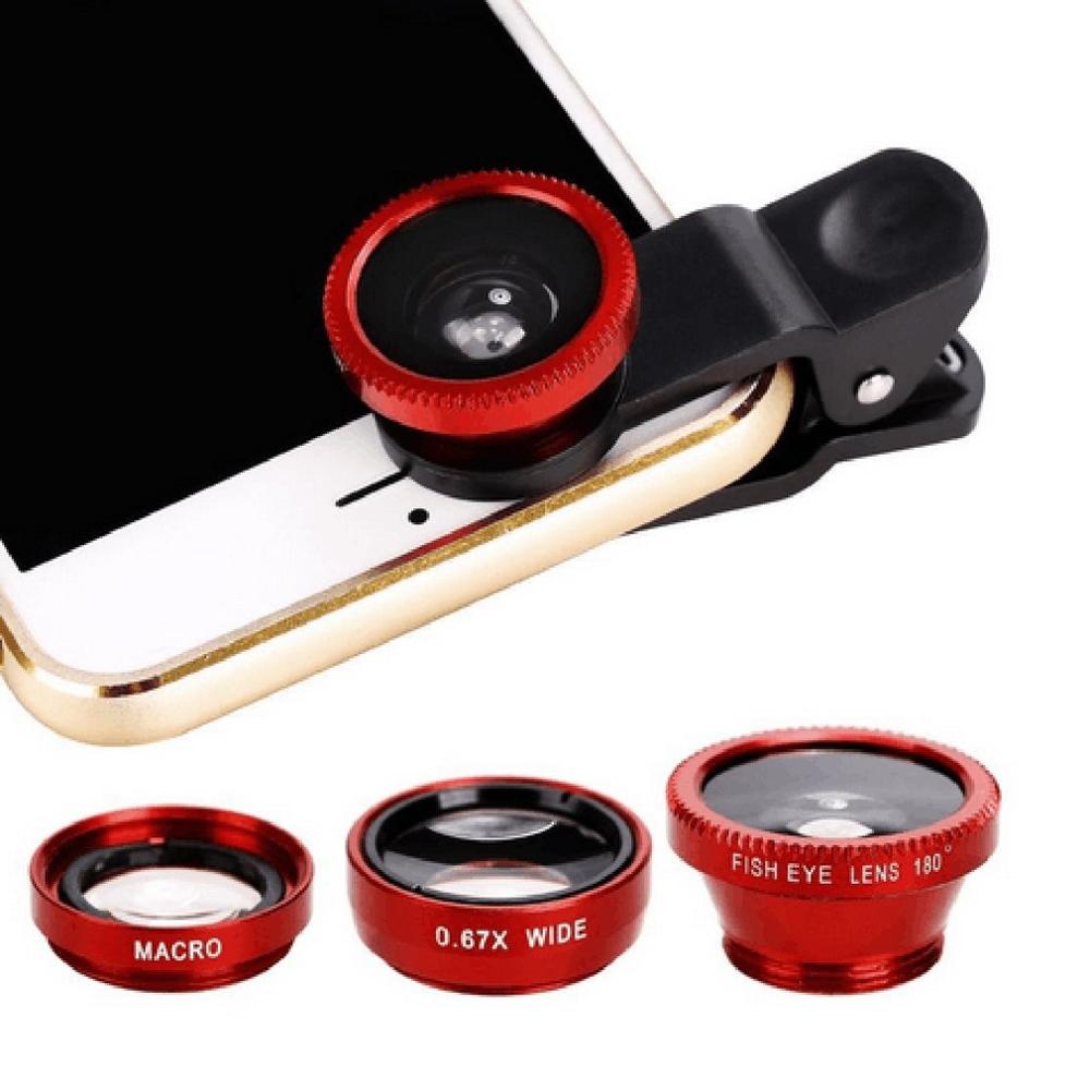 3-in-1 Wide Angle Macro Fisheye Lens Camera Kits Mobile Phone Fish Eye Lenses with Clip 0.67x for iPhone Samsung All Cell Phones: Red