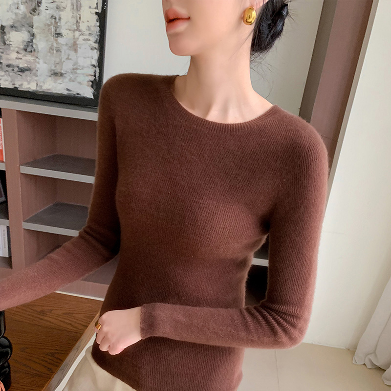 Suéter de malha com nervuras de manga comprida feminina, gola redonda, pulôver fino, tops de luxo, roupa coreana, moda: XXL / Cáqui escuro