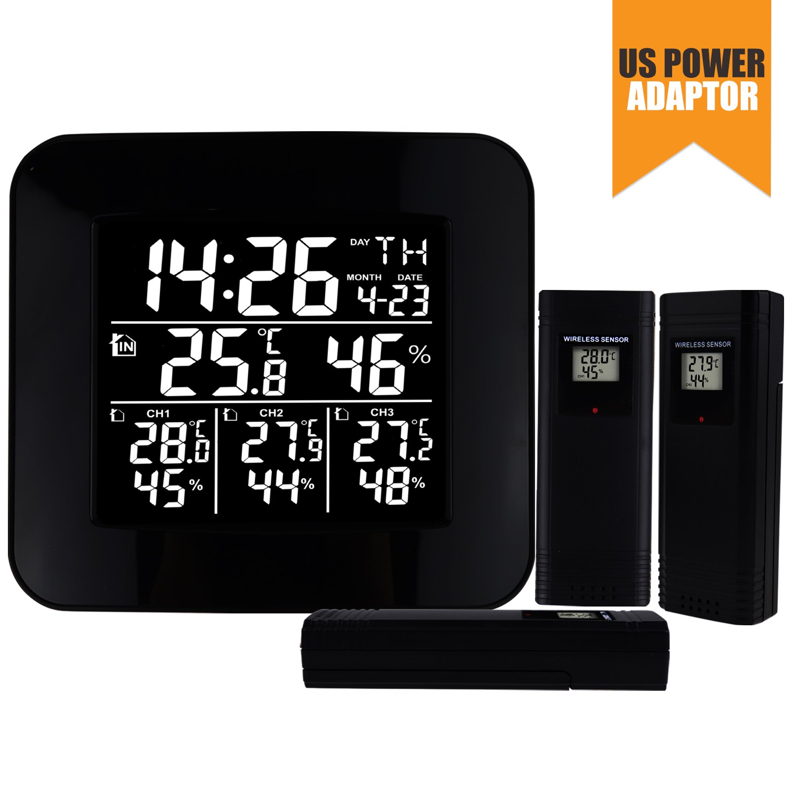 Digital Wireless Weather Station Indoor Outdoor Temperature &amp; Humidity Measurement with 3 Sensors, °C/°F Black LED Light Display: WEA-288-US